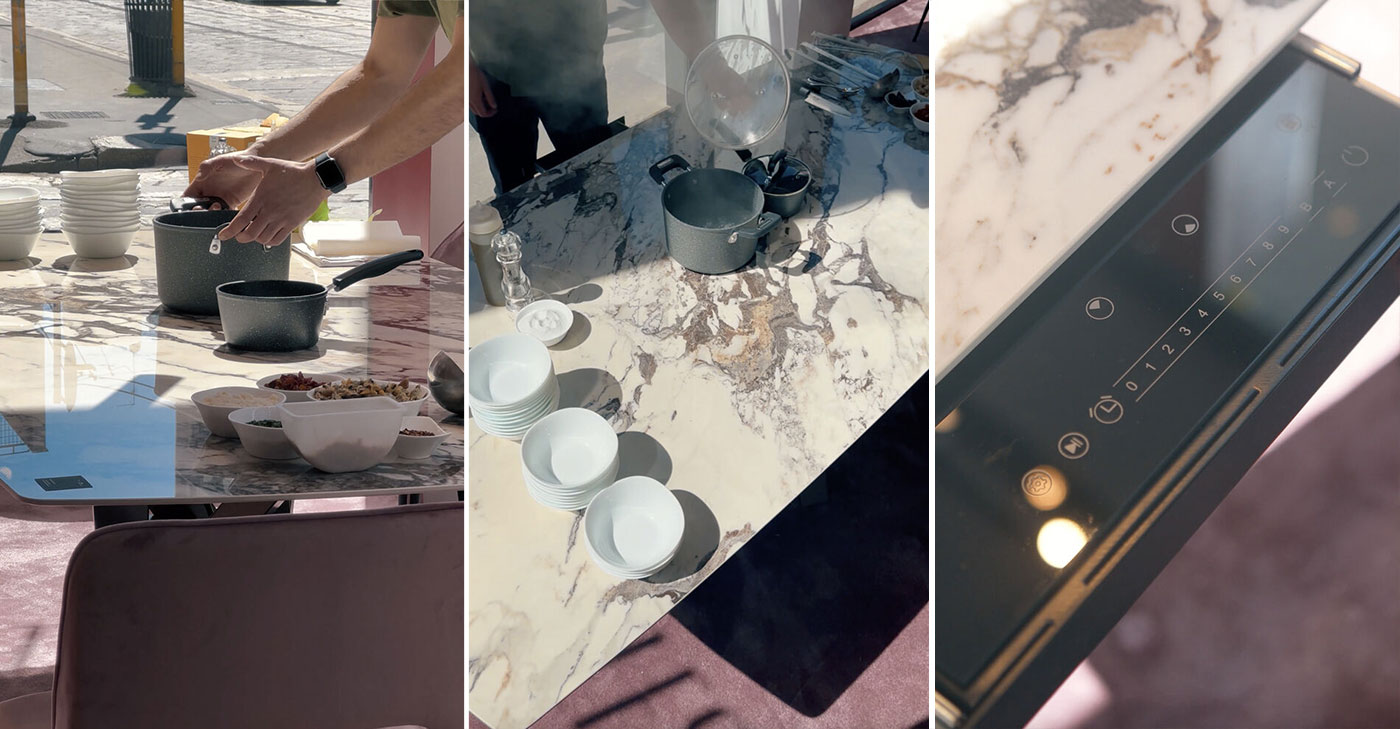 Riflessi: tavoli con piano cottura integrato e libreria Techwall